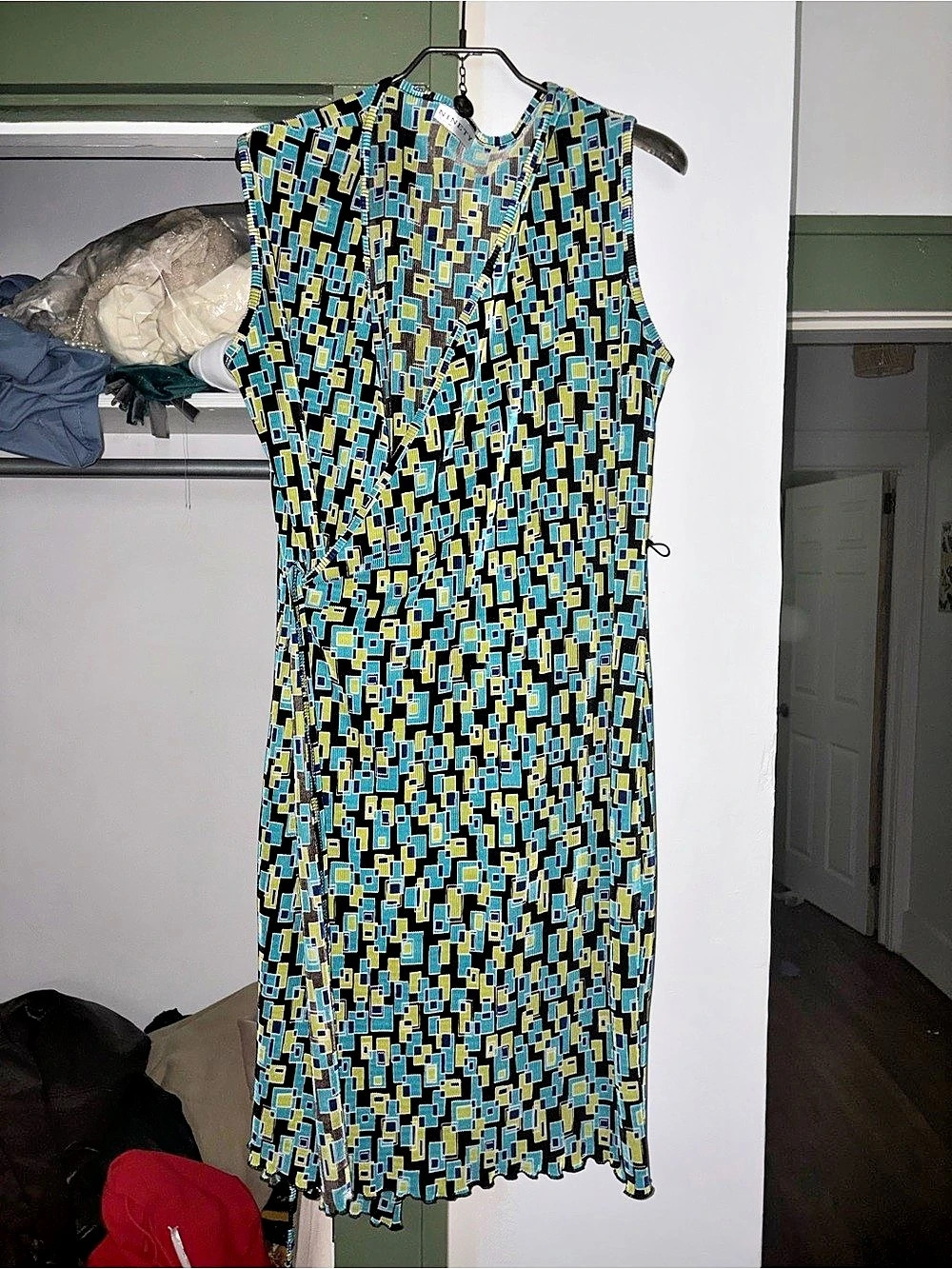 Vintage early 2000s Geometric Midi Wrap Dress in Black & Blue, size S/M